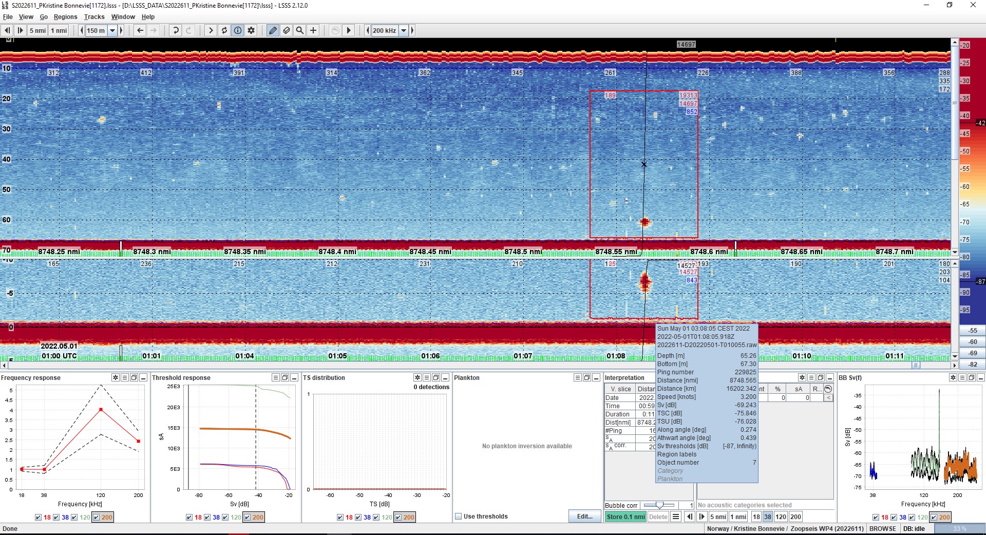 Acoustic picture of WBAT 2 showing its position on the bottom – where both the floaters / buoys and the signalling from the transducers is visualised.