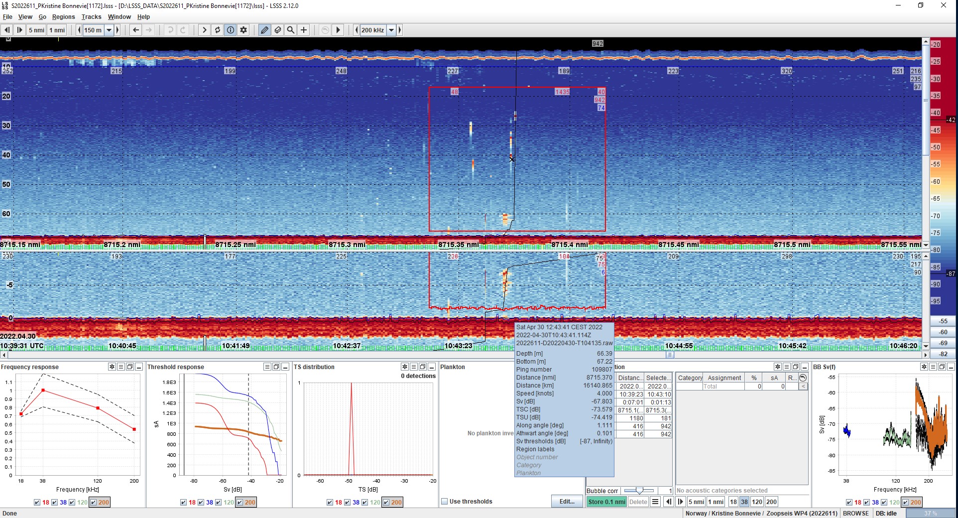 Acoustic picture of WBAT 3 showing its position on the bottom – where both the floaters / buoys and the signalling from the transducers is visualised.