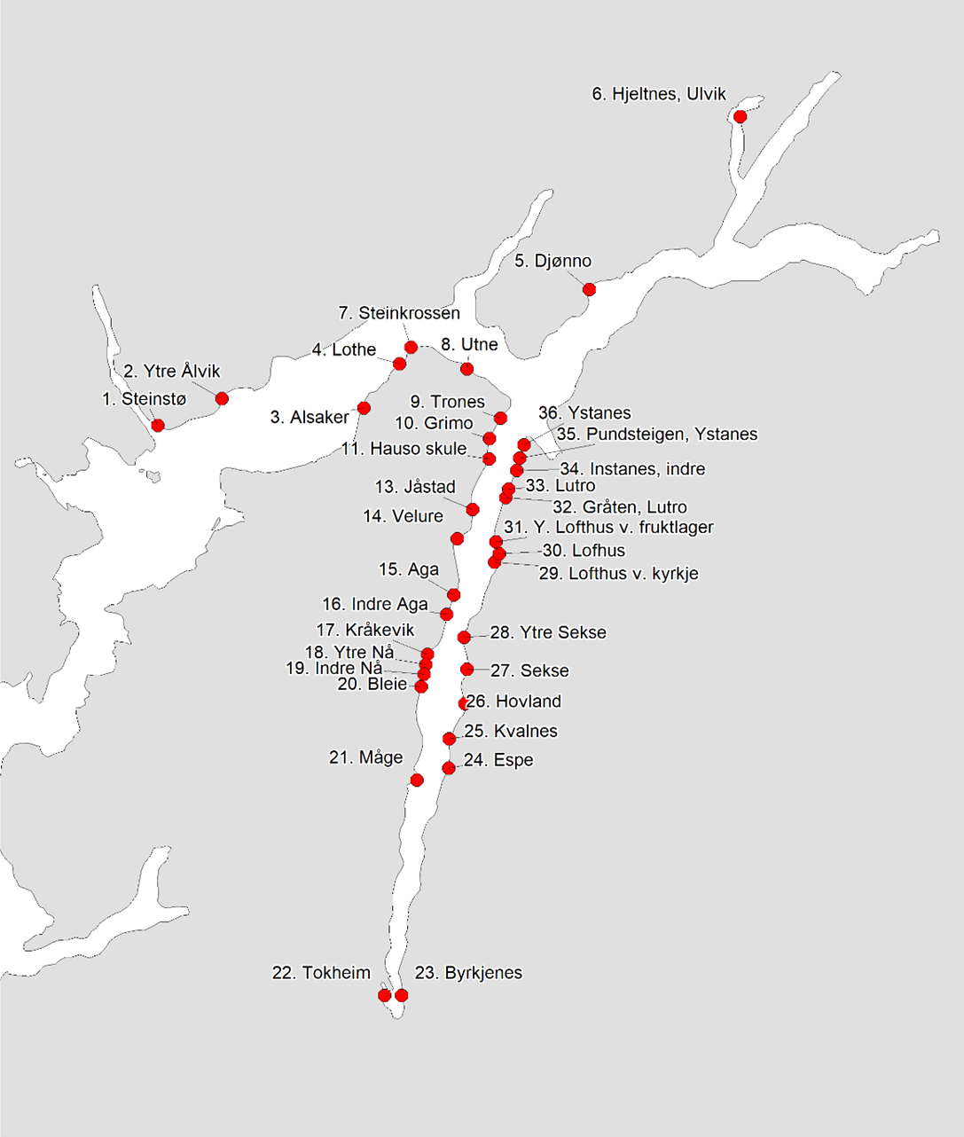 Prøvetakingsstasjoner i Sørfjorden og Hardangerfjorden utenfor