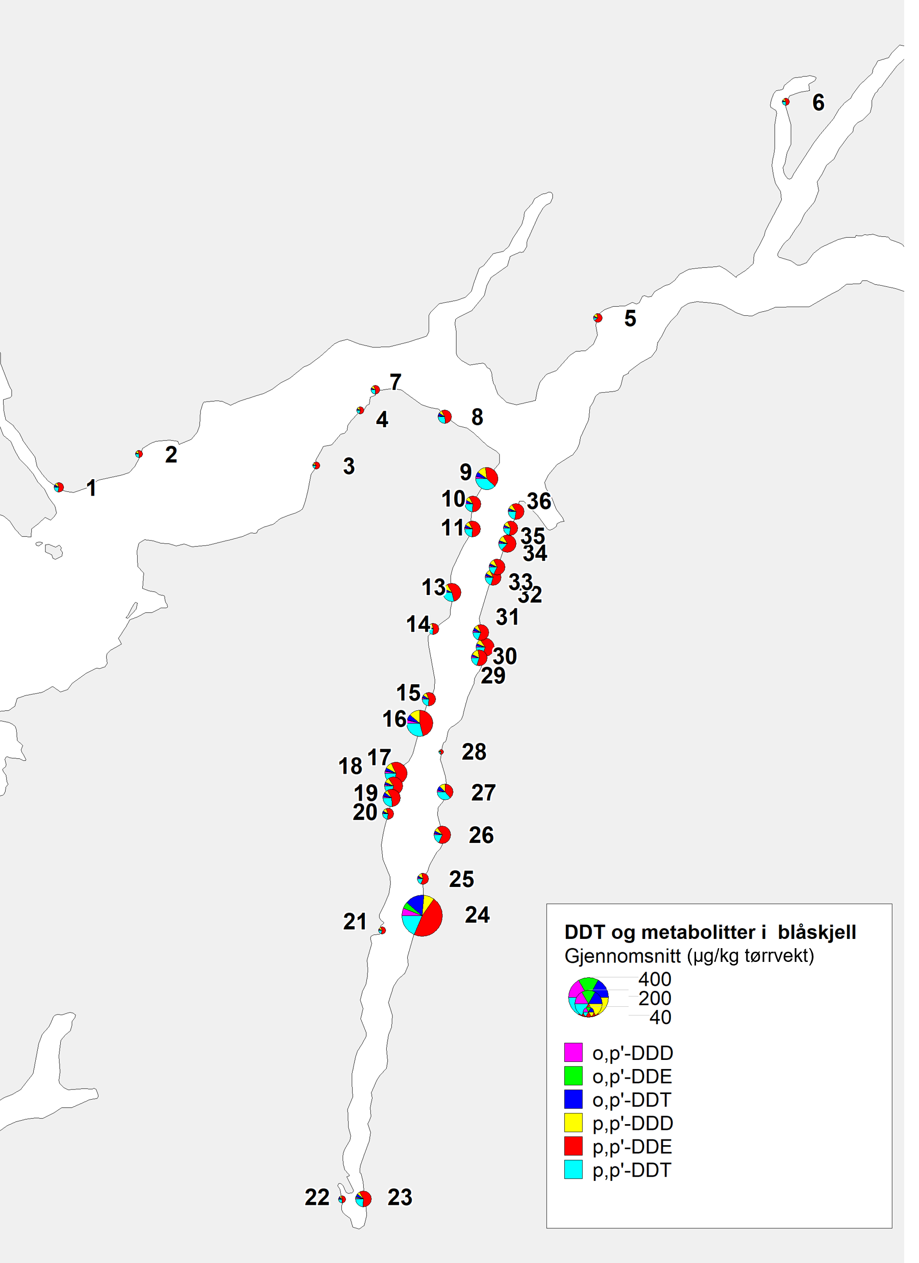 Kart med fordeling DDT-isomerer Hardangerfjorden