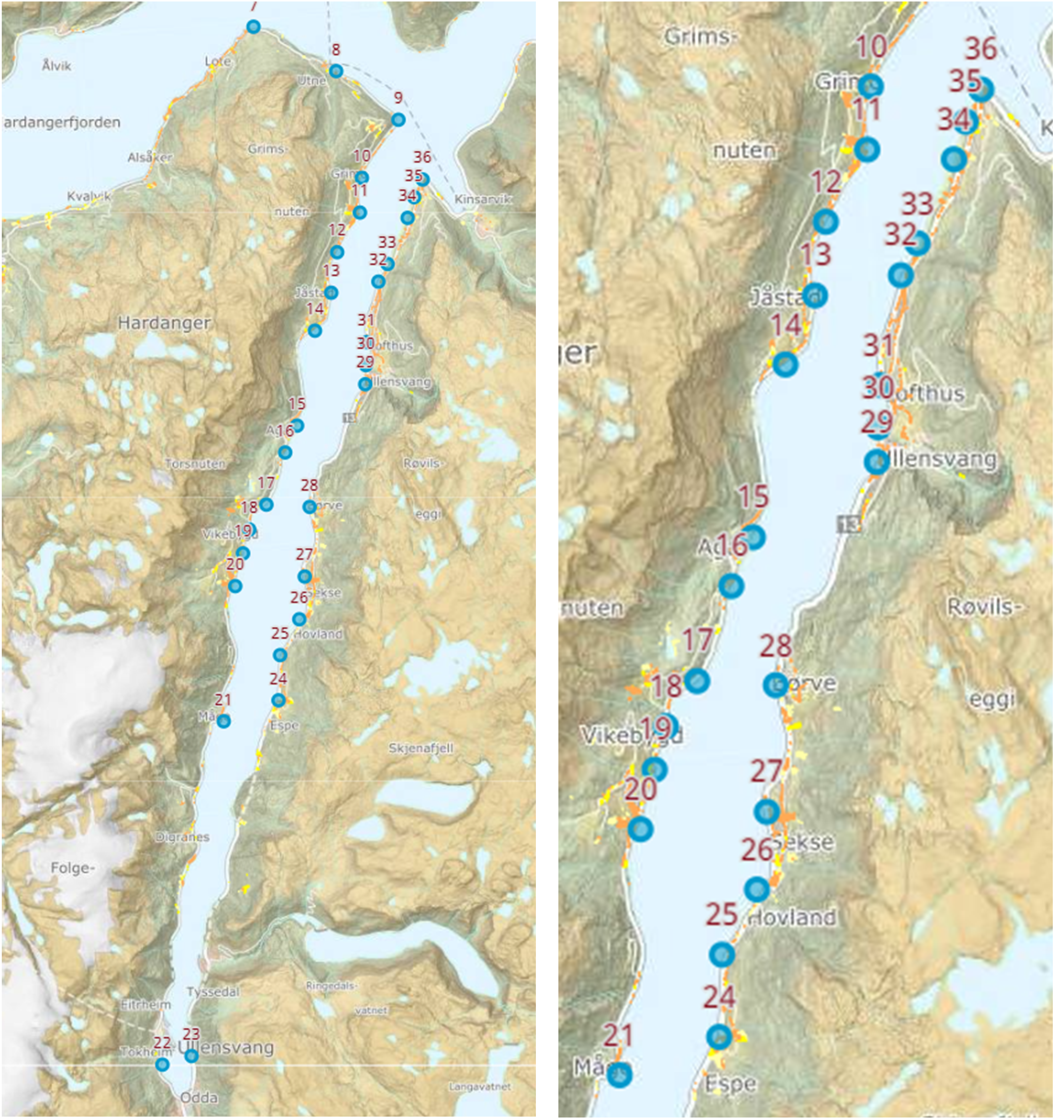 Kart planlagte posisjoner Sørfjorden