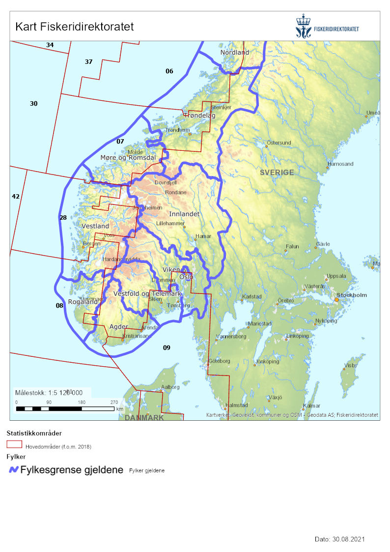 Figuren er et kart som viser fylkesgrenser og den statistiske områdeinndelingen til Fiskeridirektoratet for Sør-Norge. Figuren er tatt med for å illustrere at landinger per fylke kan brukes for å lage en tidsserie på landinger per statistisk område for rekebestanden i Skagerrak og Norskerenna tilbake i tid.