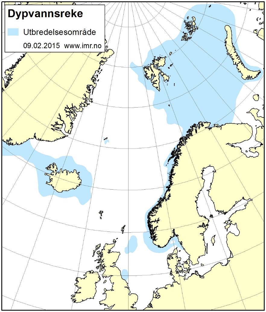 Figuren er et kart som viser utbredelsen av reke i Nordøst-Atlanteren. Arten er utbredt i Nordsjøen og Skagerrak, langs hele norskekysten, i Barentshavet og ved Svalbard, rundt Island og Jan Mayen, langs Vest- og Øst-Grønland, og langs vestkysten av Canada