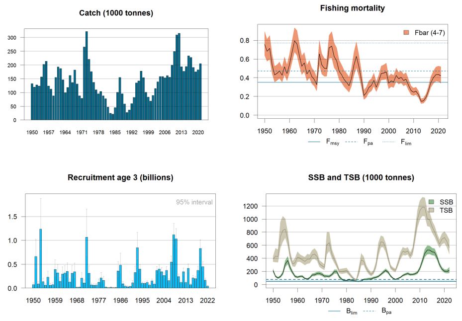 Northeast Arctic haddock landings (top left 1950-2021), fishing mortality (top right 1950-2021), recruitment (bottom left 1950-2022), and total stock biomass for ages 3+ (TSB) and spawning-stock biomass (SSB) (bottom right 1950–2022).  