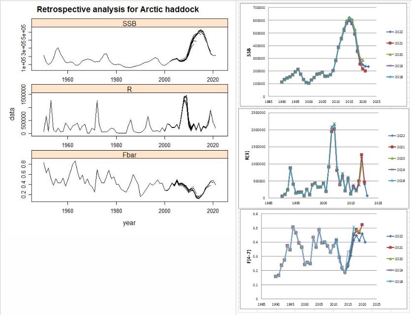 Northeast Arctic haddock. Retrospective plots of SSB, fishing mortality and recruitment for assessment years 1950–2021 ( left - XSA without P shrinkage, F shrinkage= 0.5 ) and right - for assessment years 1990–2021 from the TSVPA model.