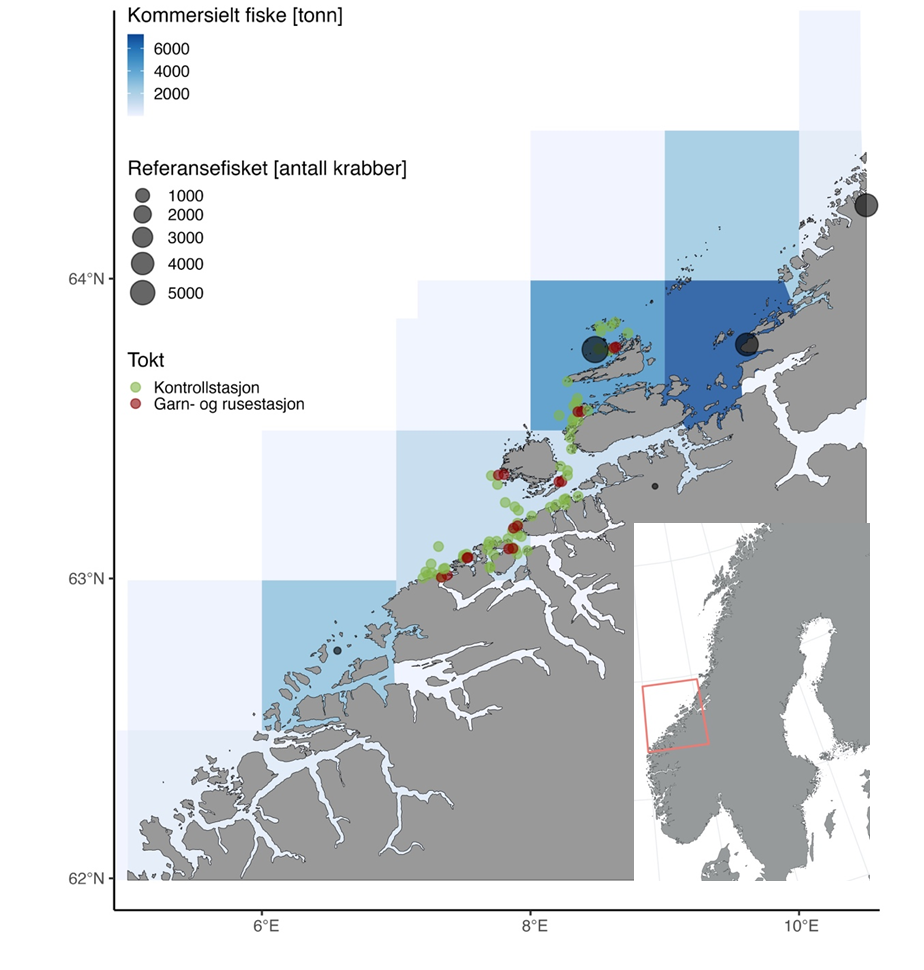 Oversikt over toktområdet med ulike datakilder inkludert, det innfelte bildet marker toktområdets plassering i Norge. Mengde krabbe, i tonn, fra det kommersielle fisket er summert per statistisk lokasjon fra landingsdata fra 2012-2022 (blåskala). Summen av antall krabber fanget i forsøksfiske (referansefisket) er summert per statistiske lokasjon i perioden 2012-2021 (størrelsen på sirklene). De fargede sirklene indikerer krabbetoktstasjonene, hvor de røde er stasjoner plassert parallelt til stasjoner på HIs garn- og rusetokt og de grønne er tilfeldig plasserte innenfor en 20 km radius av den første stasjonen. Figuren er hentet og modifisert fra Marcussen (2022).
