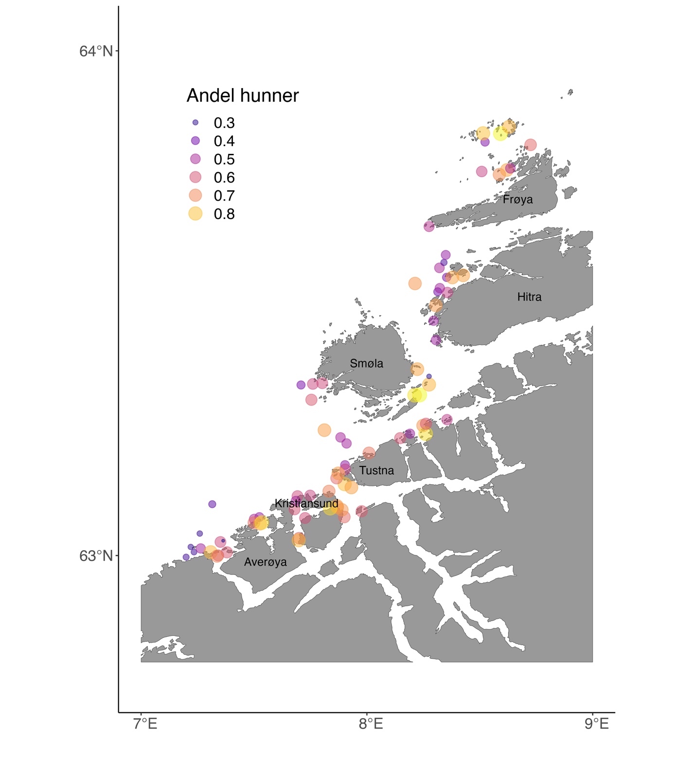 Romlig fordeling av kjønn i toktområdet, illustrert ved andel hunner i fangstene per stasjon.