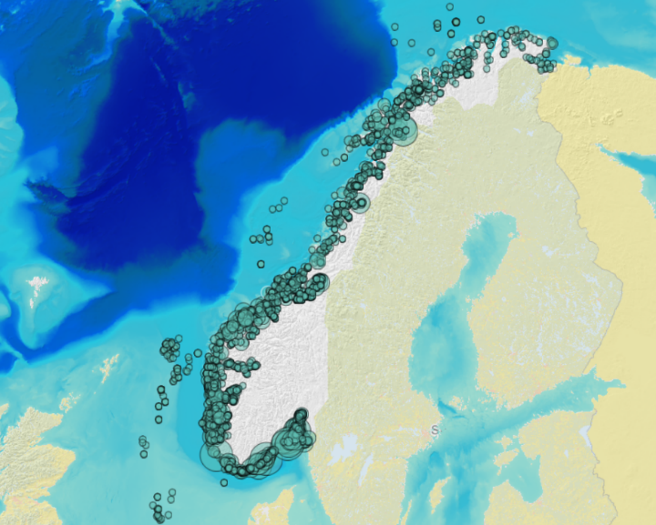 Registrerte funn av blåskjell (kart fra nov 2021). Artsdatabanken.