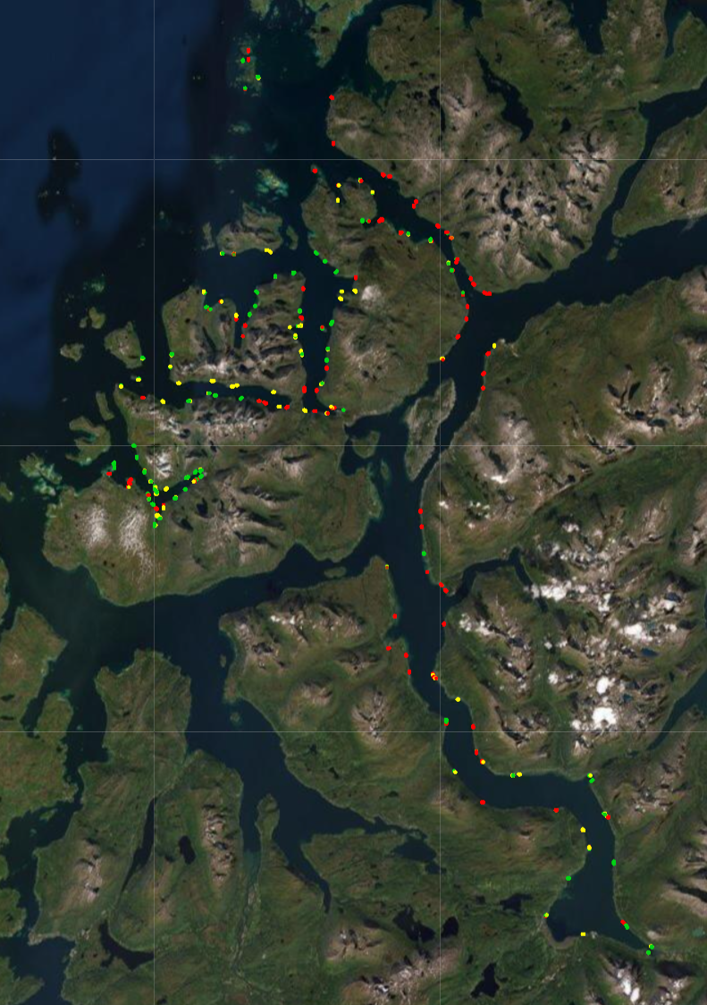 Figur 4. Kart over forekomst av blåskjell for region Nord. Grønt = tilnærmet sammenhengende forekomst, gult = flekkvis fordeling av skjell og rødt = ikke eller svært begrenset forekomst av blåskjell.