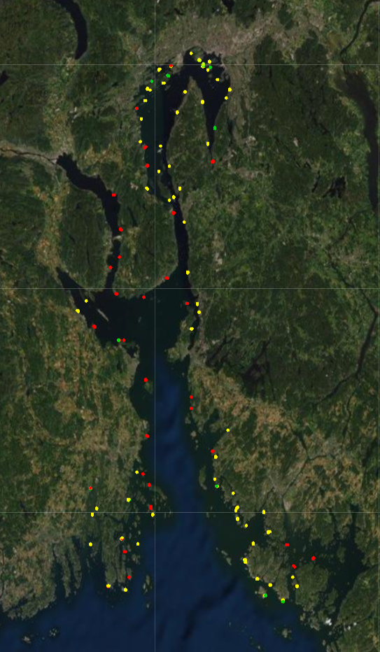 Figur 2. Kart over forekomst av blåskjell for region Øst. Grønt = tilnærmet sammenhengende forekomst, gult = flekkvis fordeling av skjell og rødt = ikke eller svært begrenset forekomst av blåskjell.