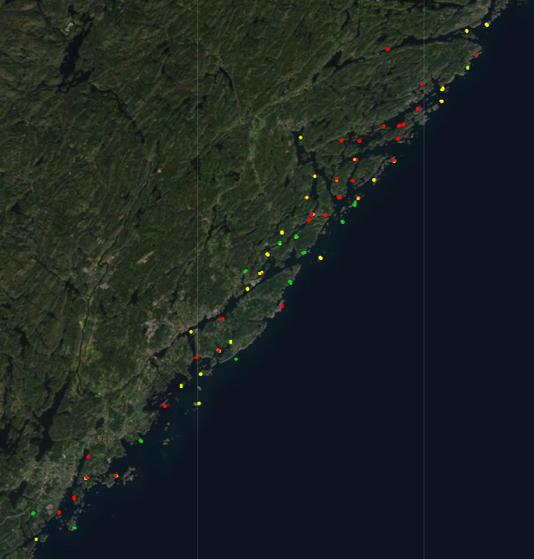 Figur 3. Kart over forekomst av blåskjell for region Sør. Grønt = tilnærmet sammenhengende forekomst, gult = flekkvis fordeling av skjell og rødt = ikke eller svært begrenset forekomst av blåskjell.