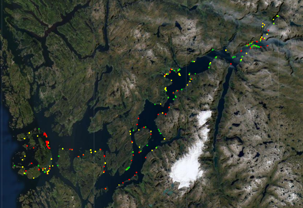 Figur 1. Kart over forekomst av blåskjell for region Vest. Dataene ble innsamlet våren 2021 og 2022. Grønt = tilnærmet sammenhengende forekomst, gult = flekkvis fordeling og rødt = ikke eller svært begrenset forekomst av blåskjell.