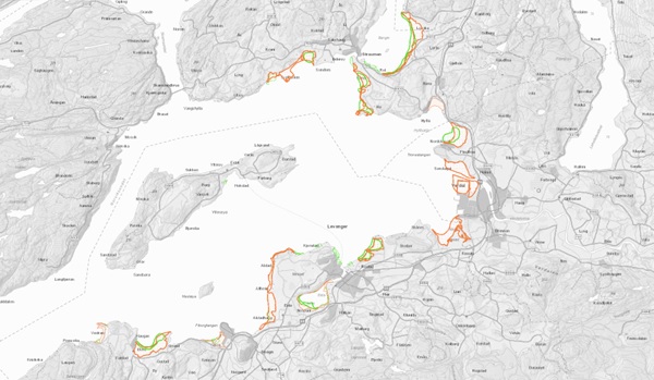 Kart som viser ulike naturtyper i Trondhjemsfjorden hentet fra kartjenesten yggdrasil