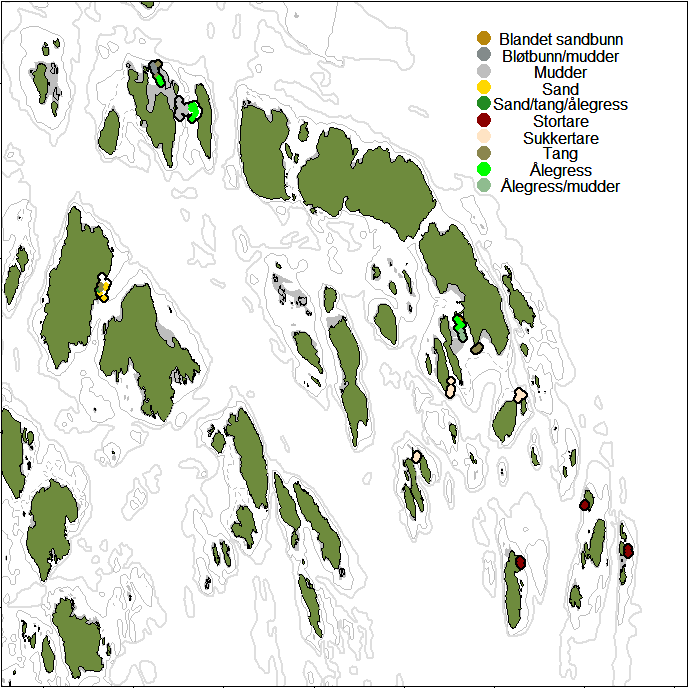 Kart over Bolærne med punkter som viser habitat på områder som ble undersøkt.