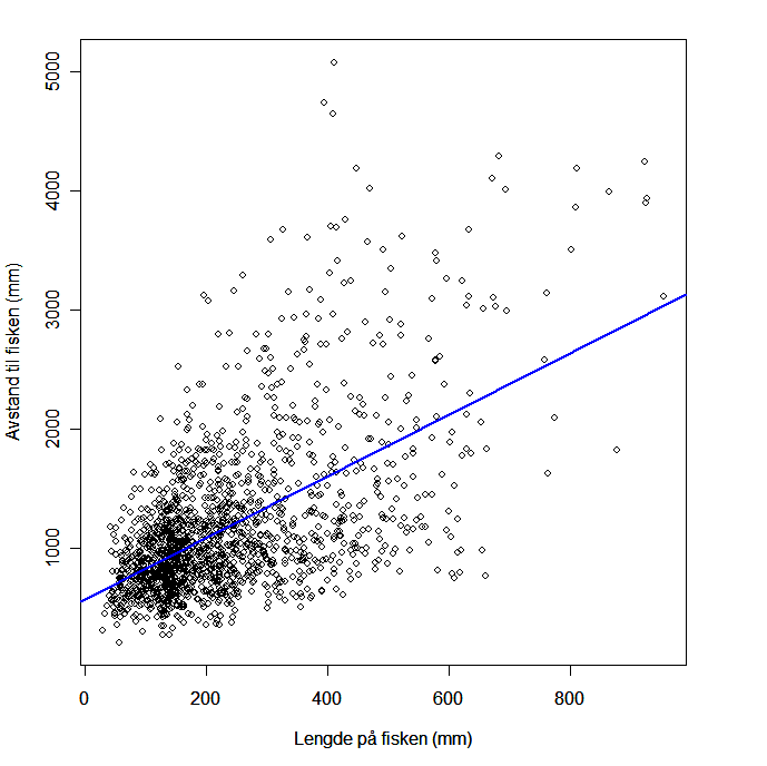 Plot som viser punkter for avstand og lengde på fisk observert fra videorigger. En blå trendlinje viser en sammenheng mellom størrelse og avstand fra kamera.