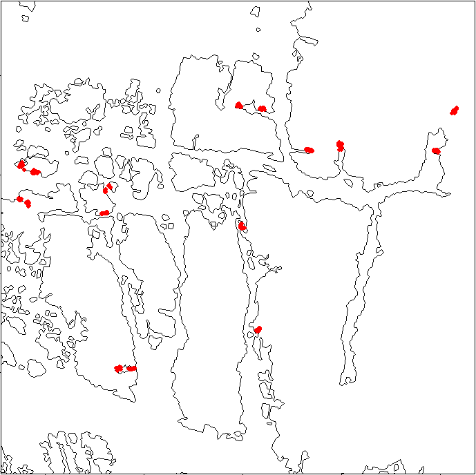 Kart som viser røde punkter som ble undersøkt i Gulen i Sogn og Fjordane.