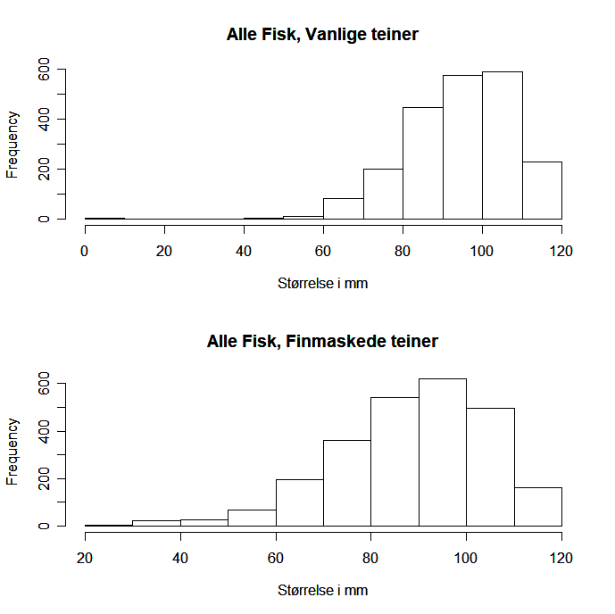 To histogrammer som viser søyler med høyde tilsvarende antall fisk i ulike størrelsesgrupper. Et histogram for finmaskede teiner og ett histogram for vanlige teiner.