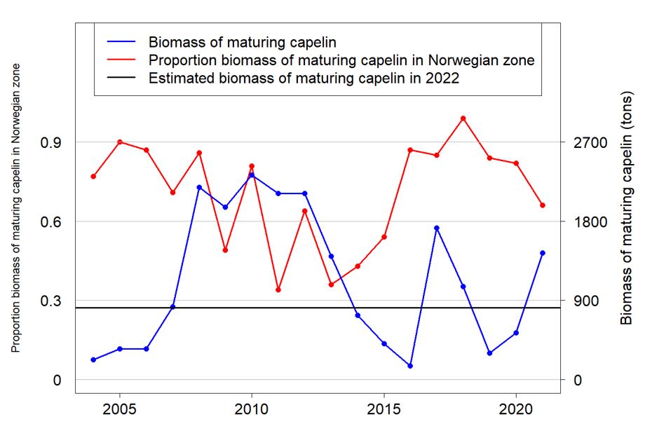 Proportion biomass of maturing capelin in Norwegian EEZ vs total biomass of matur-ing capelin for 2004-2021 (red line) and total biomass of maturing capelin (blue line). For the years 2007-2013, 2017 and 2021 biomass of maturing capelin was higher than want was estimated for 2022. The estimated biomass of maturing capelin based on the 2022 survey is indicated by the black horizontal line. 