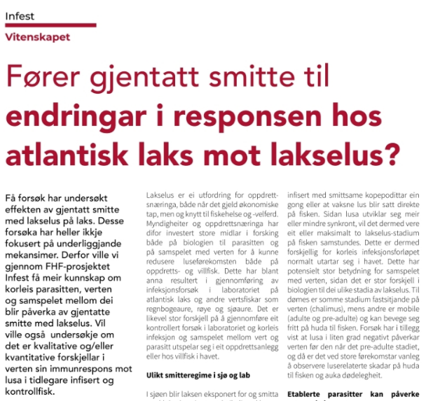Publisering av gjentatt smitte forsøket i Norsk fiskeoppdrett