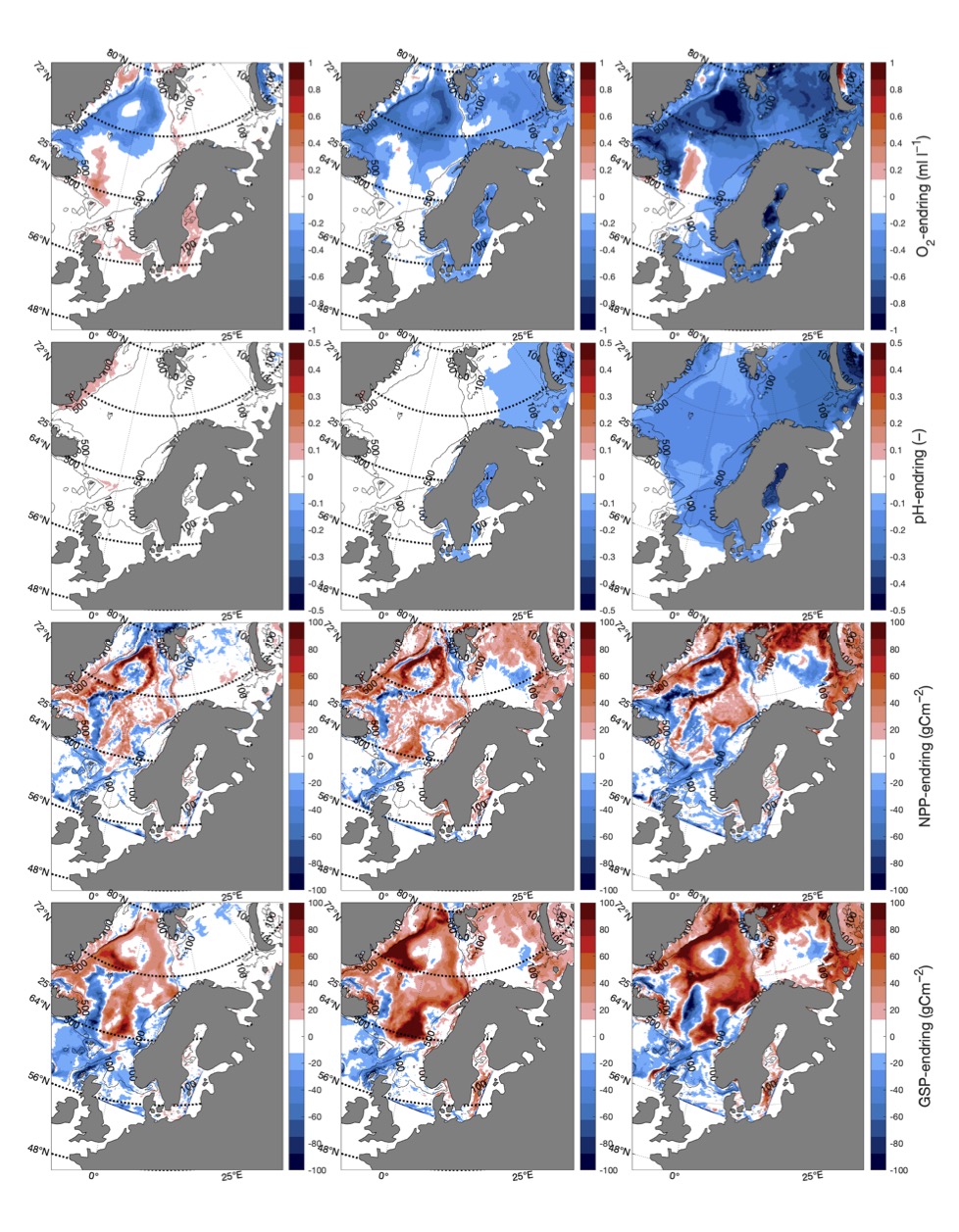 Romlig fordeling av trender i oksygen (-) , pH (-), årlig NPP og GSP (gCm−2) for SSP1-2.6, SSP2-4.5, og SSP5-8.5 (venstre-høyre) i perioden 2015-2100.