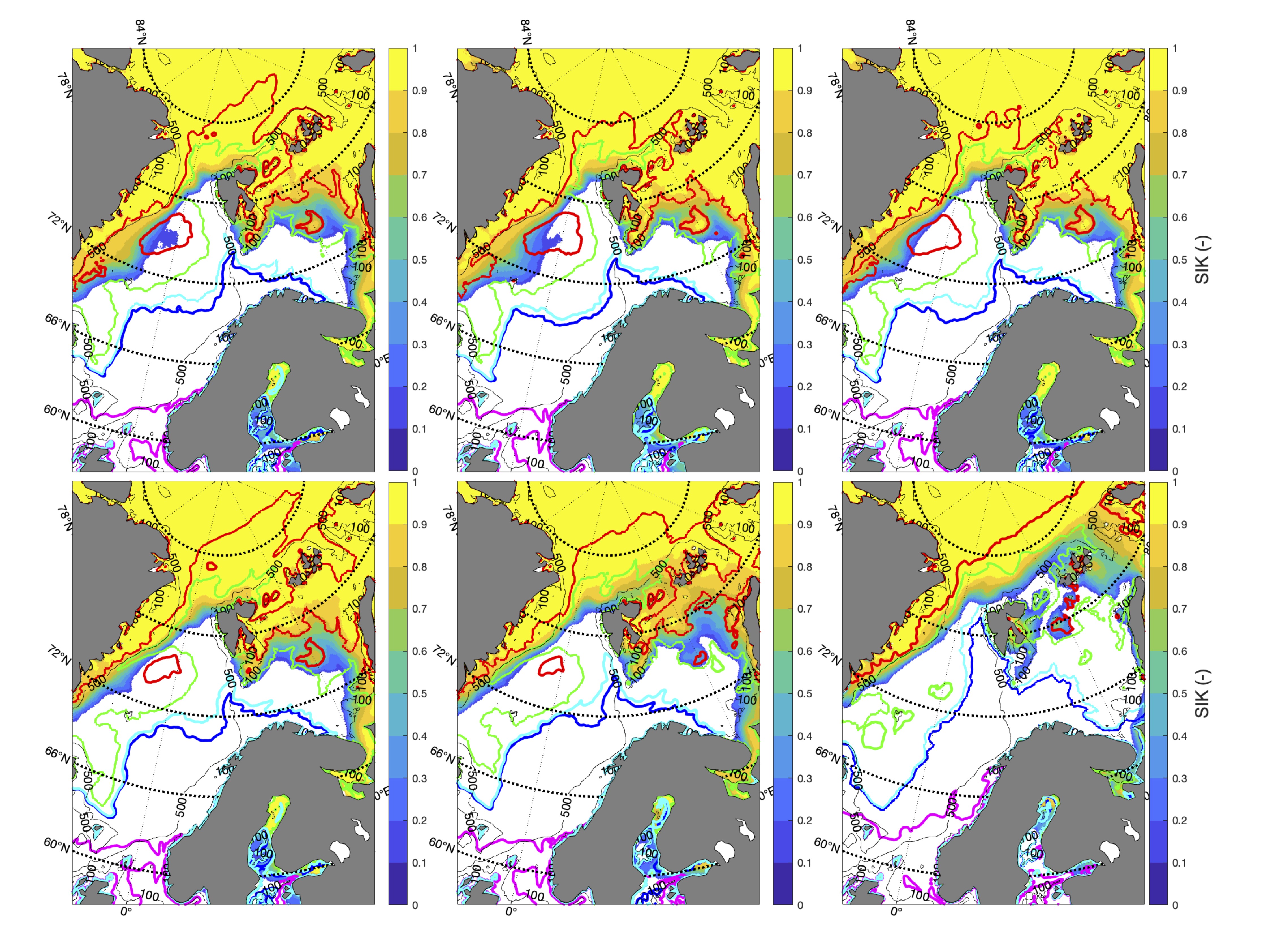 Romlig fordeling av sjøis-konsentrasjon (-) i mars og temperatur (◦C) på 100 m i november for SSP1-2.6, SSP2-4.5, og SSP5-8.5 (venstre-høyre), gjennomsnitt for 2015- 2034 (øverst) og for 2081-2100 (nederst). Røde, grønne, turkise, blå, and rosa konturer viser henholdsvis 0, 2, 5.5, 6 and 9.6 ◦C.