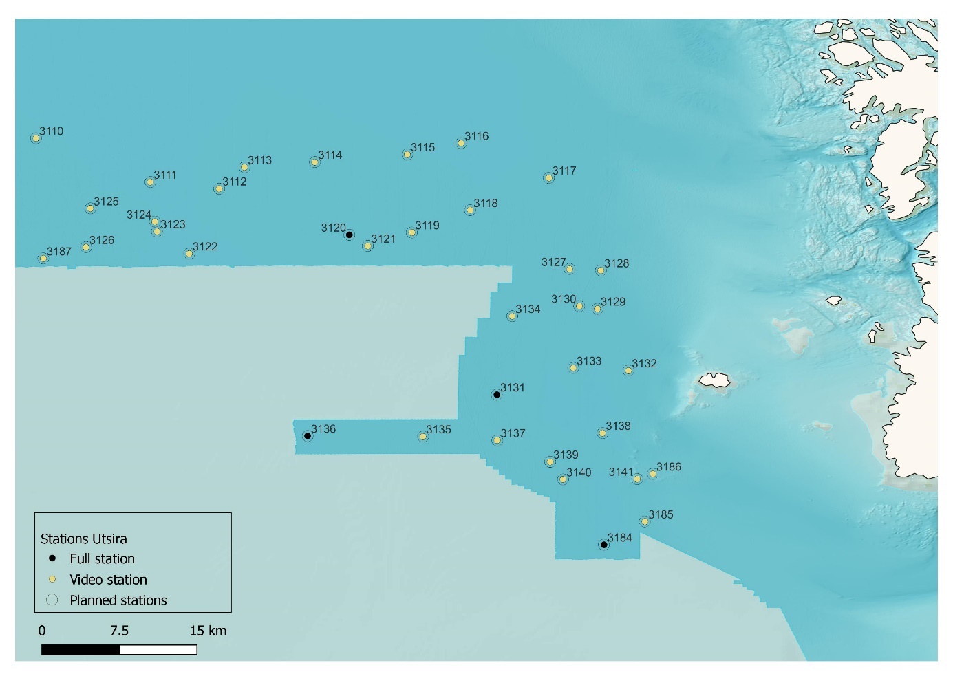 Map showing all data collected at the Utsira area, including Utsira Kontroll and Utsira Nord. All planned stations were completed.