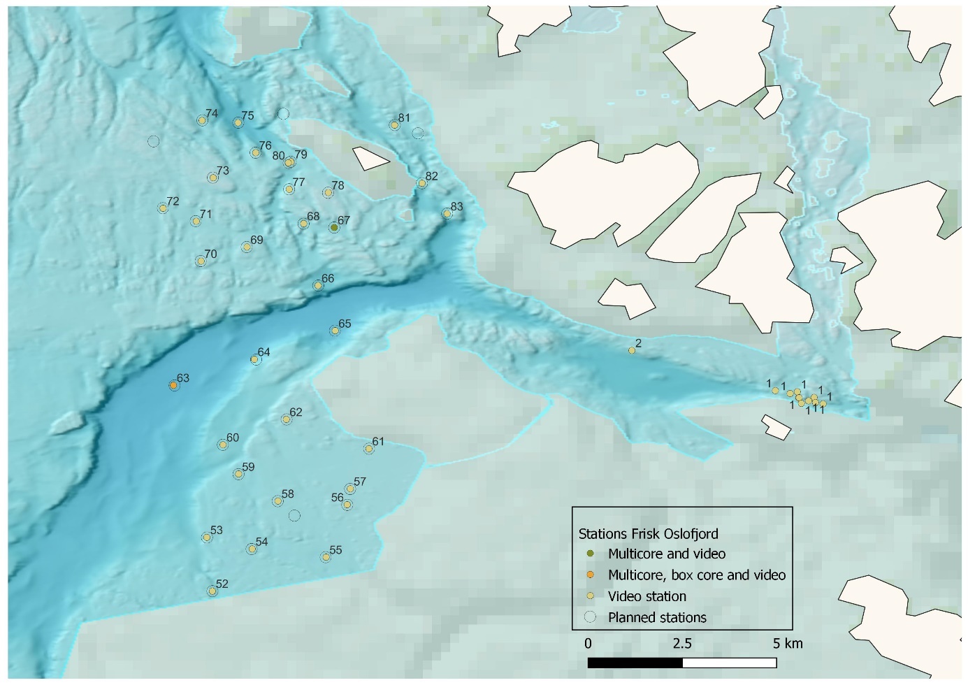 Map showing all data collected at Hvaler National Park. Four stations were dropped on account of dangerous terrain (total of 3) or for being too close to a MAREANO station (empty rings). Tisler reef stations 1 and 2 were not planned for this cruise but were nonetheless completed (yellow dots without a ring around them).