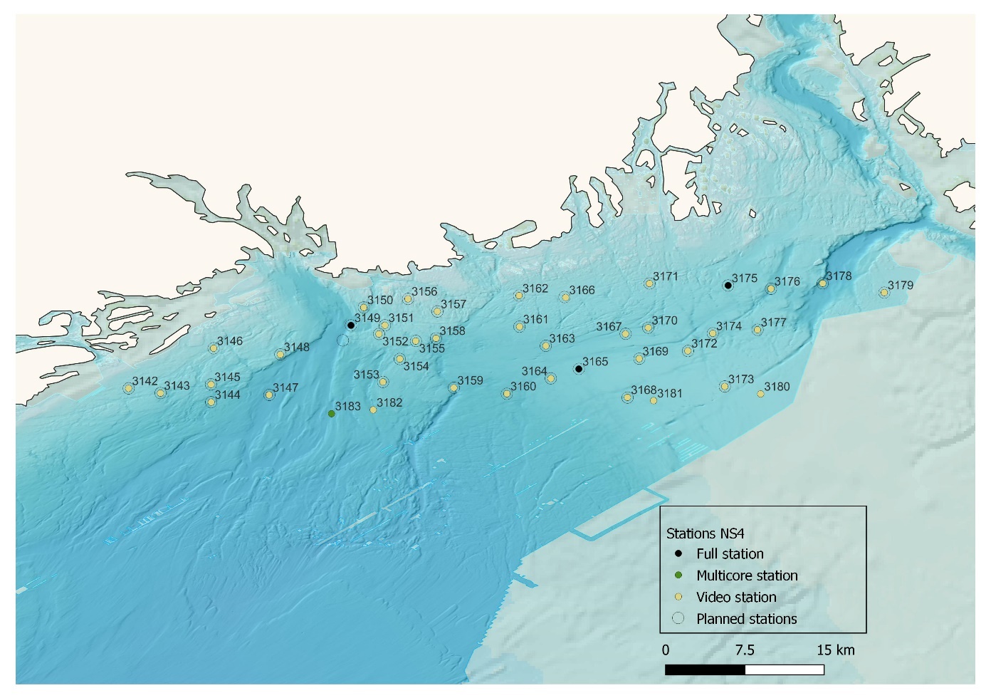 Map showing all data collected at NS4. One video station was dropped (empty ring), three video stations were done which had been planned for year 2023 (yellow dots without ring around them), and the MC station (also planned for 2023) was completed in this cruise.