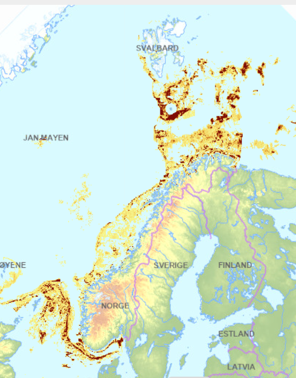 Figur 4 . Eksempel på fiskeriaktivitet: aktiviteten til norske fiskefartøy i 2019 (K1-4) basert på data fra satellittsporing og fangstrapportering . Intensiteten angis gradert fra lav (gul) til høy (brun). Kilde: https://portal.fiskeridir.no/portal/apps/webappviewer/index.html?id=ea6c536f760548fe9f56e6edcc4825d8