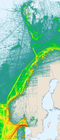 Figur 6. Transport. Tetthetsplott for skipstrafikk hentet fra Arealverktøyet (07.09.2022). Fargene indikerer utseilt distanse, for alle fartøykategorier.