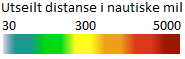 Figur 6. Transport. Tetthetsplot for skipstrafikk hentet fra Arealverktøyet (07.09.2022). Fargene indikerer utseilt distanse, for alle fartøykategorier.