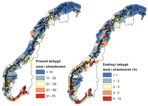 Figur 10. Prosent av strandsonen (100 meters beltet) som var bebygd i 2022 for kommuner med kystlinje (venstre), og prosentvis endring i bebyggelse fra 2000 til 2022 (høyre). Statistikken omfatter alle bygg > 15 m 2 , men omfatter ikke kaier, brygger, utfyllinger eller moloer (Data er fra SSB, tabell 08917).