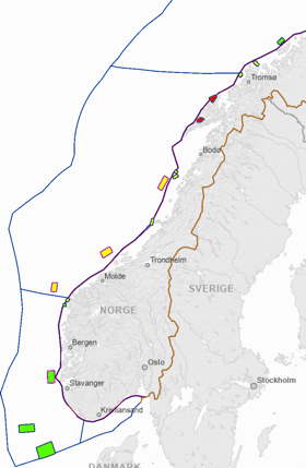 Figur 35. Områder indikert for havvindanlegg i norske havområder. De foreslåtte områdene er delt inn i tre kategorier; A (grønn), B (gul) og C (rød), som indikerer prioriteringsrekkefølge (fra A til C).