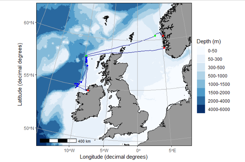 Figure 2.1 – Chart of cruise track (dark blue line), test hauls (green points), fishing hauls (blue points) and harbours visited (Bergen, Norway; Killybegs, Ireland; Skudeneshamn, Norway; red points).  Details of the times and detailed positions of the test and fishing hauls can be found in table 2.1.