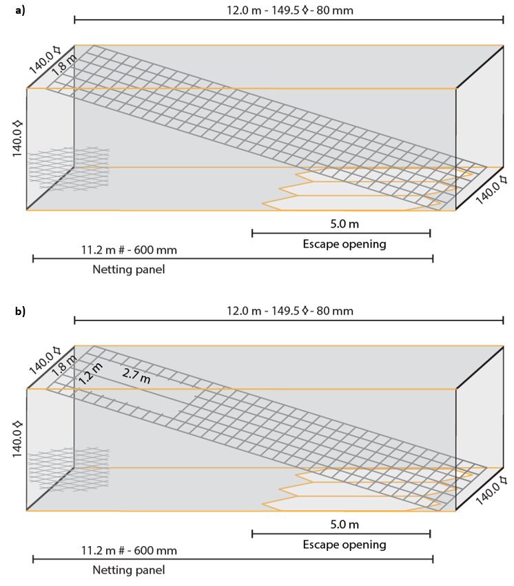 Figure 8.2 – Schematic drawings (not to scale) of the Bycatch Release Section (BRS): a) version 1 used in Test Hauls T1 & T2 and Haul 01; and b) version 2, with a hole cut in the leading panel, used in Haul 07.
