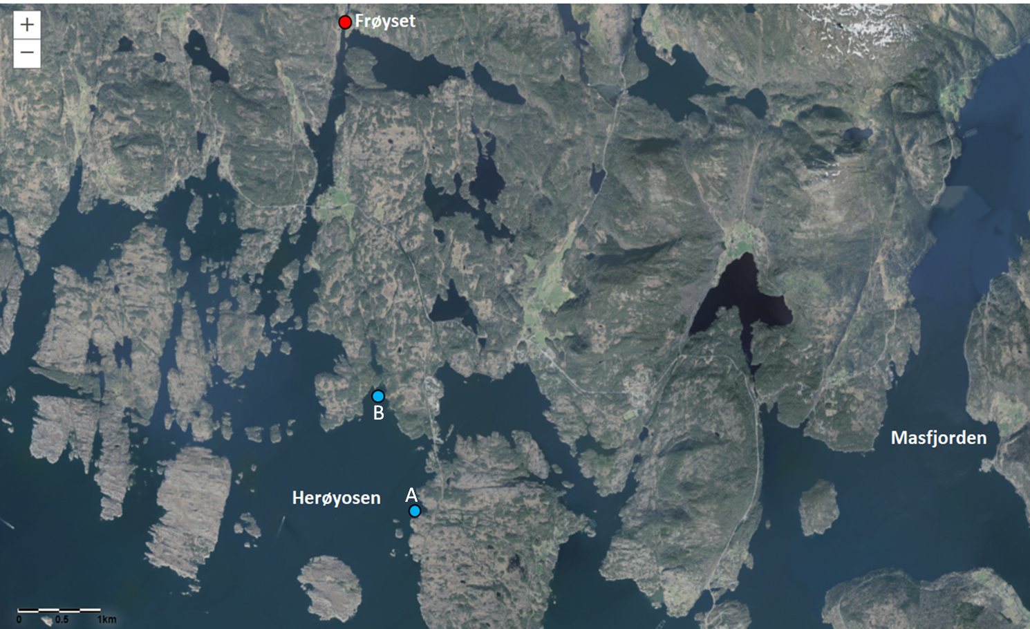Kart over ruser i Herøyosen i 2022