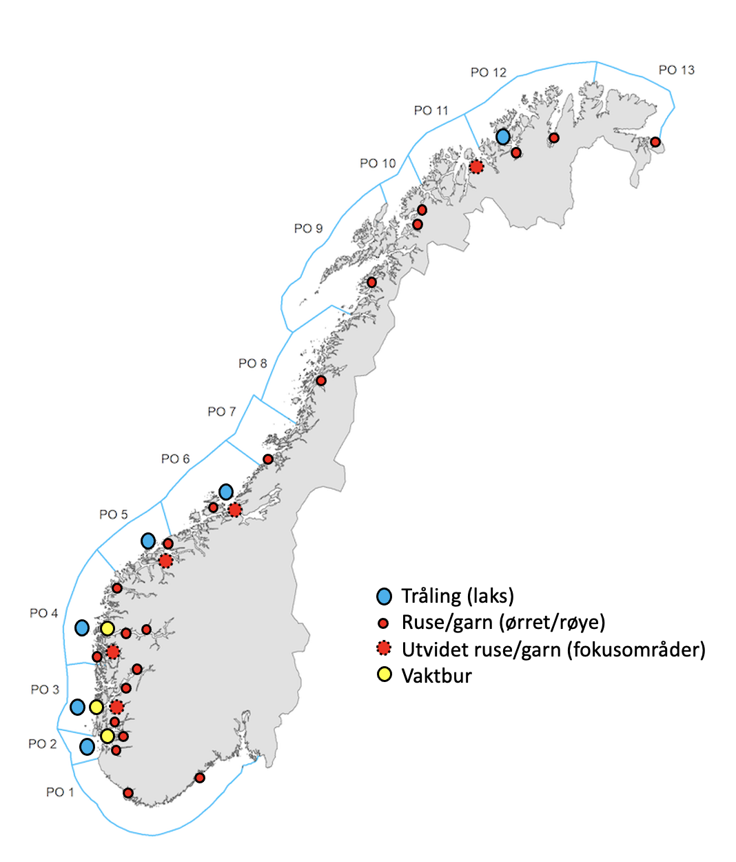 Kart over Norge som viser hvor det har vært overvåket lakselus i 2022 med forskjellige metoder