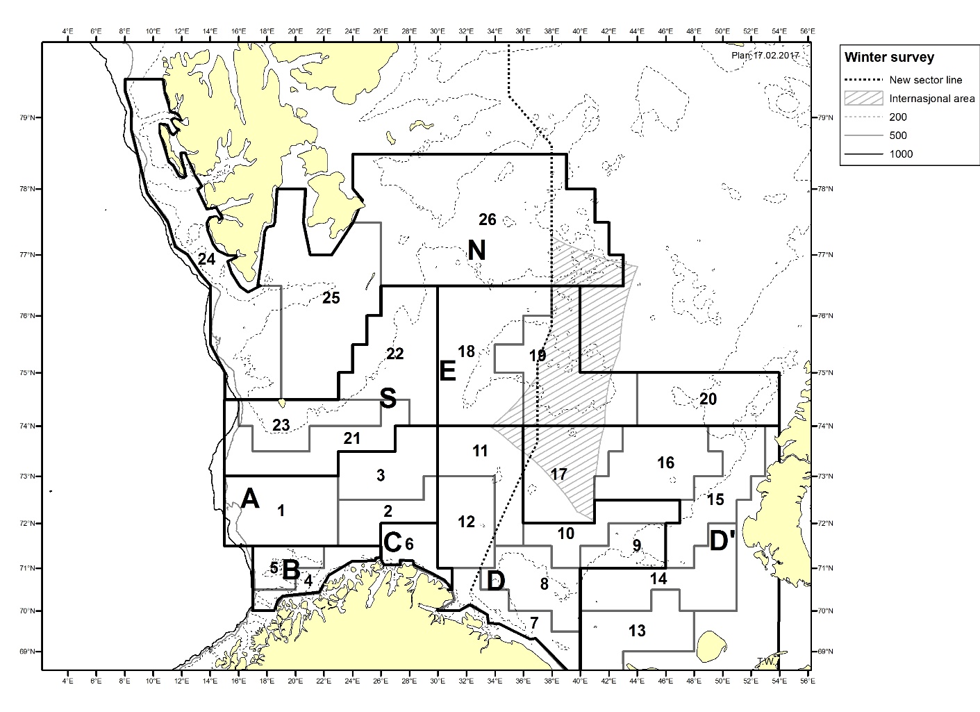 Strata (1-23) and main areas (A,B,C,D,D’,E and S) used for swept area estimations and acoustic estimations with StoX. Additional strata (24-26, main area N) are covered since 2014, and are from 2020 included in the standard time series for haddock and from 2021 in the time series for cod.