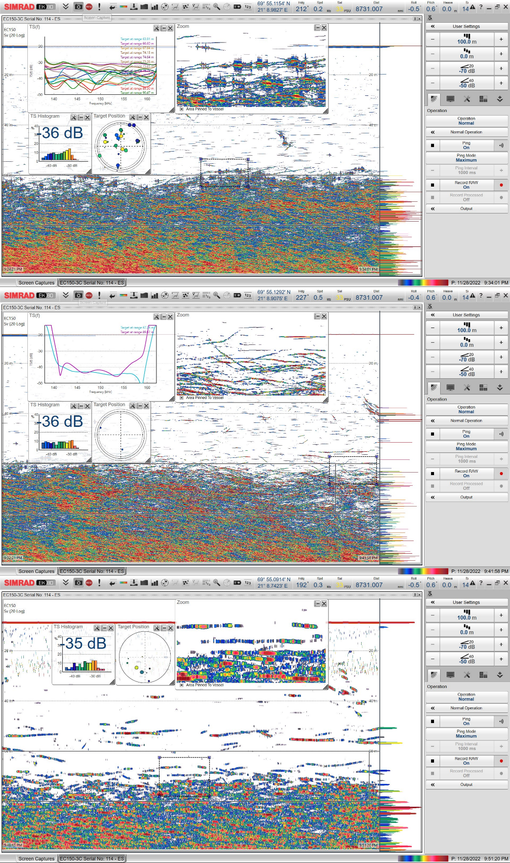 Figure 20. Example EC150-3C echosounder echograms. Herring is resolved as individual target at the top outskirts of the layer observed at 60-150 m depth in Kvænangen fjord. Demonstration of advantage of rather narrow, (2.5) beamwidth to resolve individual targets at range. The broad band pulses of “fast” (upper panel) and “slow” (middle panel) taper were used. The narrowband pulses of 1 ms duration were also tested (lower panel).