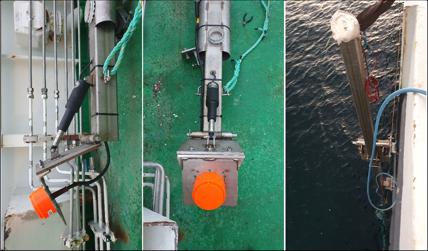 Figure 26. An ES200-7CD transducer on a 7 m long metal pole (left and middle), installed on the starboard side of the ship (right) with transducer submerged to 2 m depth. Transducer can be tilted to about 30° as shown in the left-most picture.