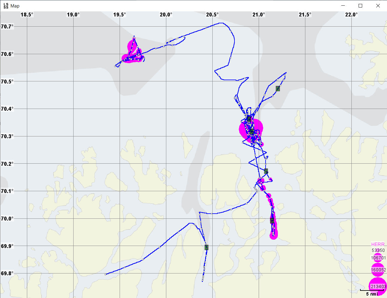 Figure 4. Overview of the survey area in leg 1 (blue line). We covered the Lyngen and Reisafjords and outer parts of Kvænangen and further off the coast at the 12 nm border. Herring detections are marked as pink bubbles (size reflecting the amount of fish).