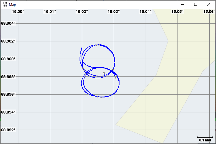 Figure 18. The EC150-3C ADCP calibration against the bottom echo detection. Ship is driven in circles at >6 knots speed with 200-400 m circle diameter.