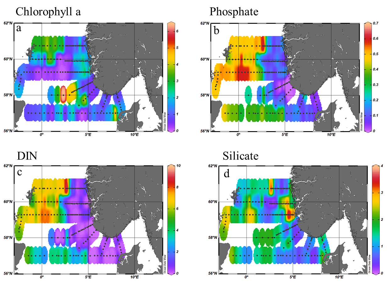 . Nutrient concentrations during the North Sea spring survey 2022: a) Chlorophyll a, b) Phosphate, c) dissolved inorganic nitrogen (DIN, nitrite + nitrate) d) silicate.