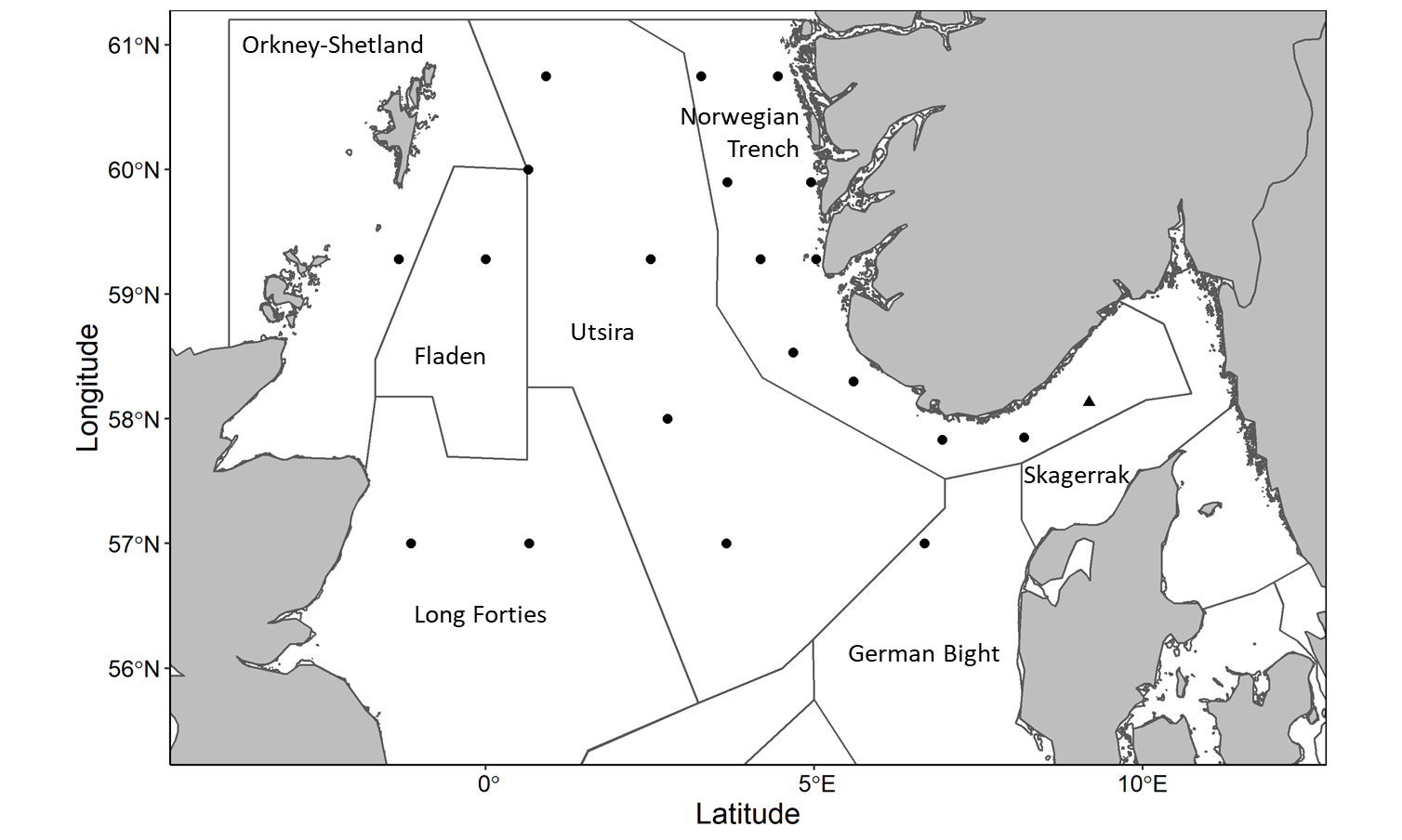 Map showing stations where samples were collected and analyzed for phytoplankton community composition using microscopy. Outlined areas indicate WGINOSE sub-regions. Shape indicates the cruise a sample was collected on, circle: 2022206 ecosystem cruise, triangle: April Torungen-Hirtshals cruise.