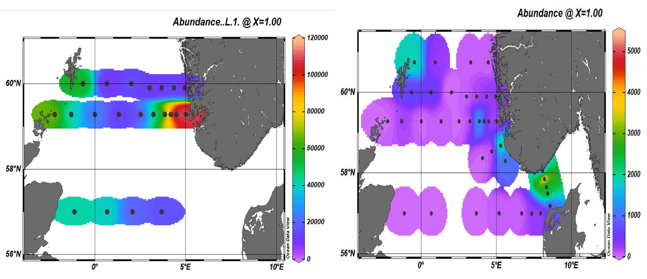 Areal distribution of flagellates (left) and diatoms(right) based on FlowCam imaging system.