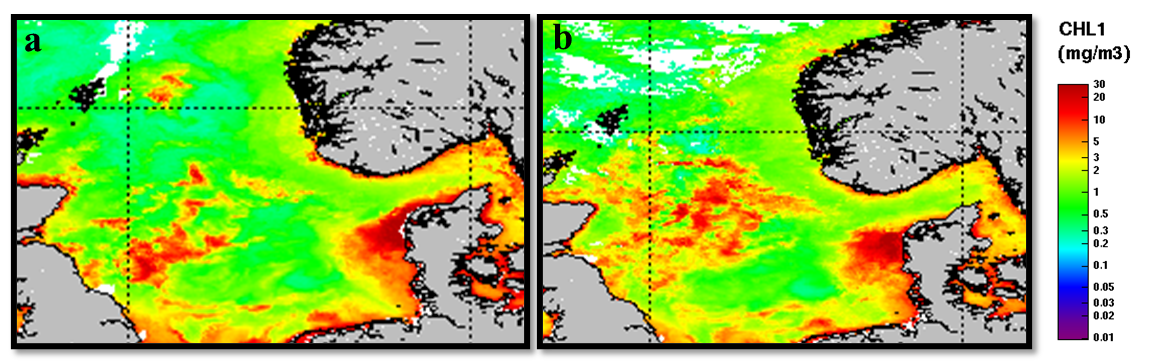 Evolution of the 8 days mean surface chlorophyll-a concentrations from MODIS satellite imagery over the period 14.04.2022 to 26.04.2022. a) 14.04-22.04; b) 23.04-30.04.