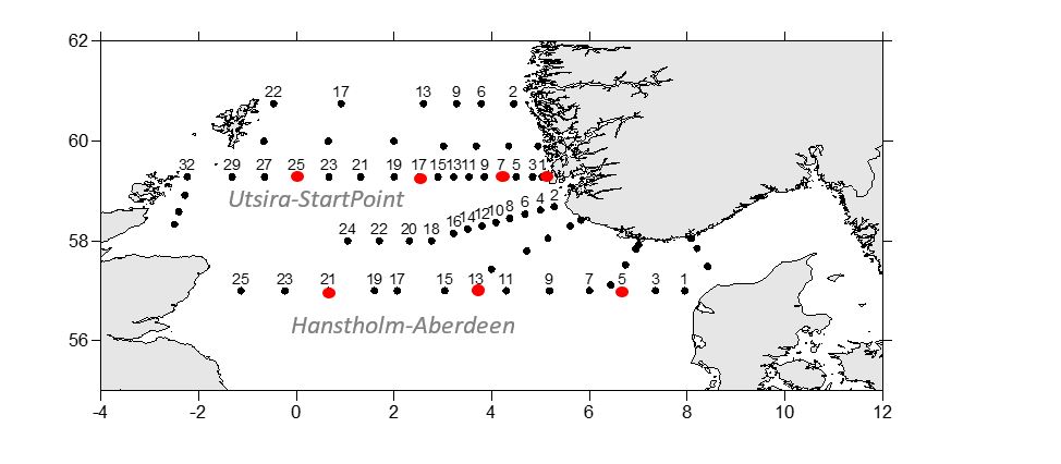 Zooplankton sampling stations on the North Sea Ecosystem cruise 2022 (JH2022206). Species compositions were analyzed at selected stations on the transects Utsira-StartPoint and Hanstholm-Aberdeen (indicated with red)