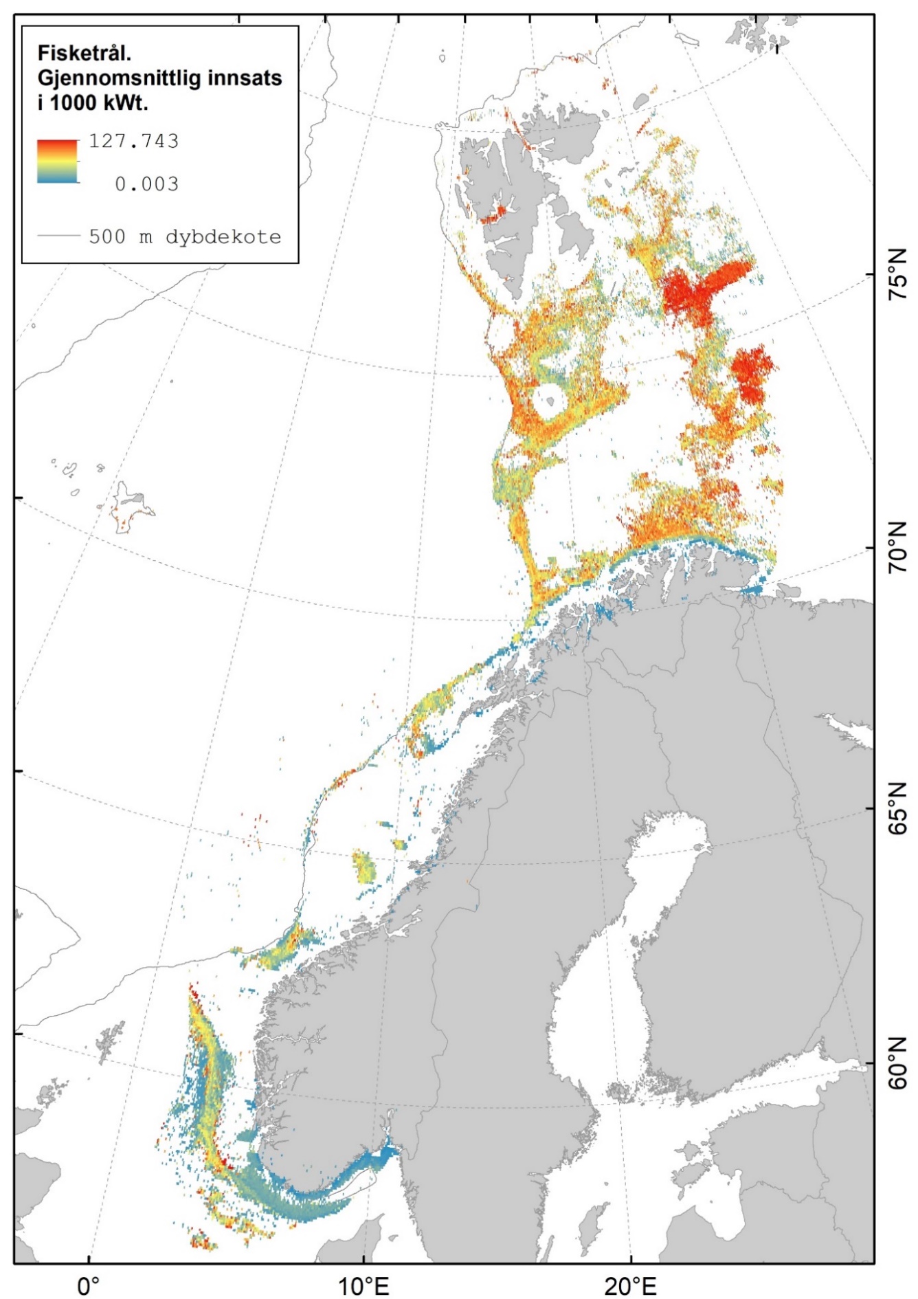 Kart som viser at fiske med fisketrål i hovedsak foregår på Storbanken, Sentralbanken, ved Bjørnøya, sør for Spitsbergen, sørlige Barentshav, Tromsøflaket, Mørebankene og langs Norskerenna.