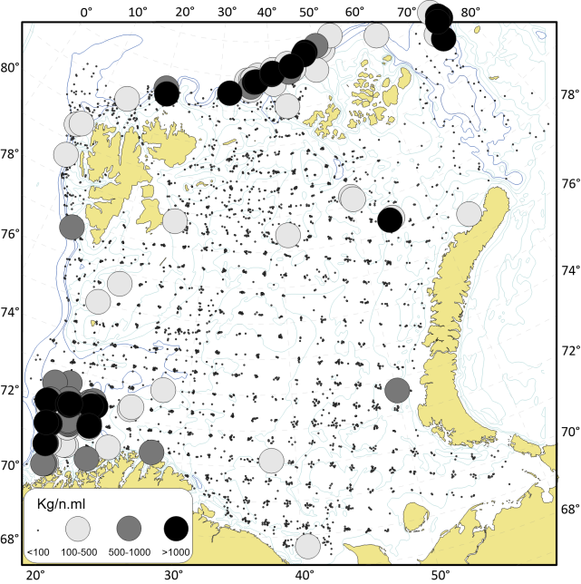 Utbredelsen av Geodia svamper i Barentshavet.