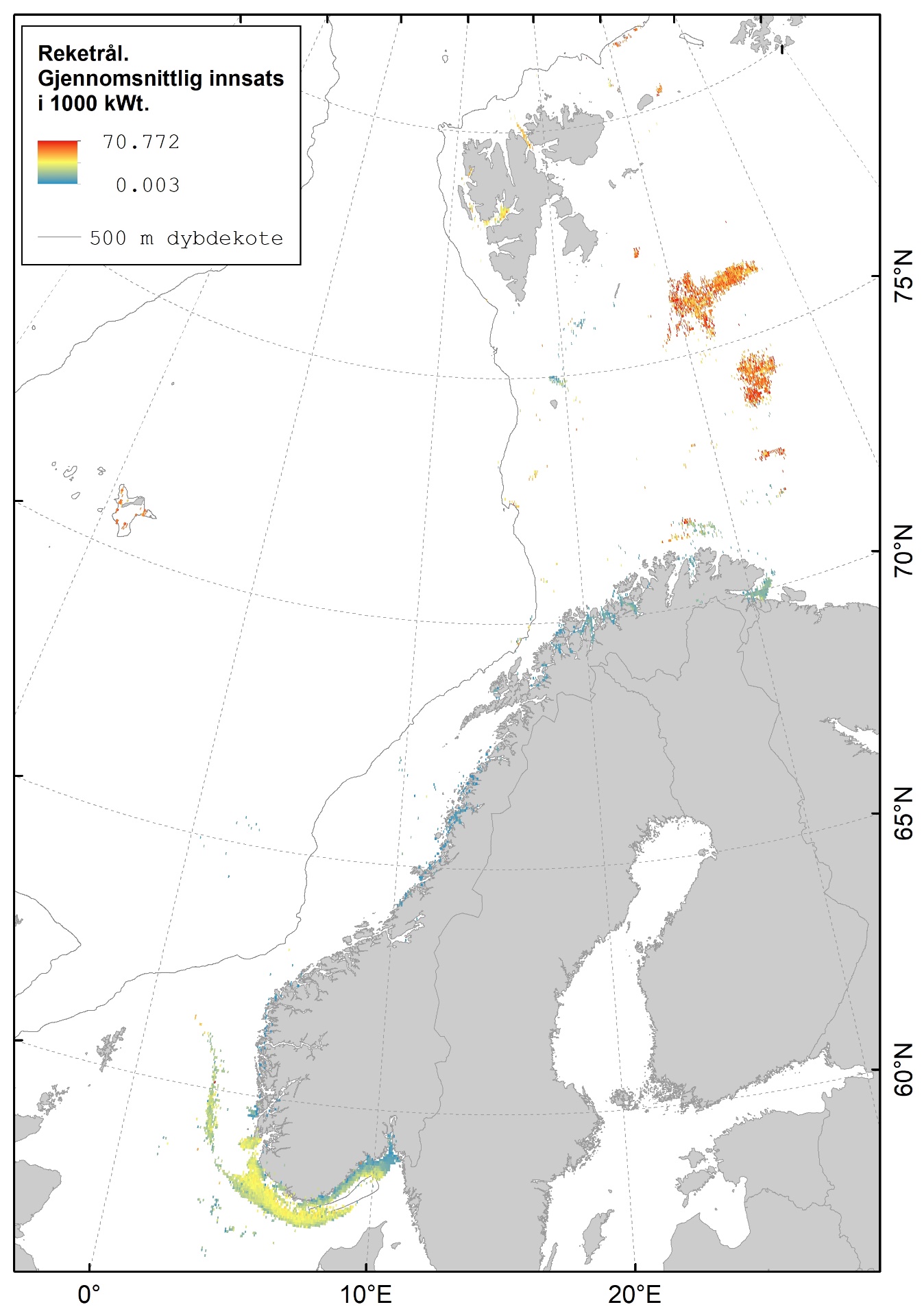Kart som viser at fiske med reketrål i hovedsak foregår på Storbanken, Sentralbanken, i fjordene og Skagerrak.